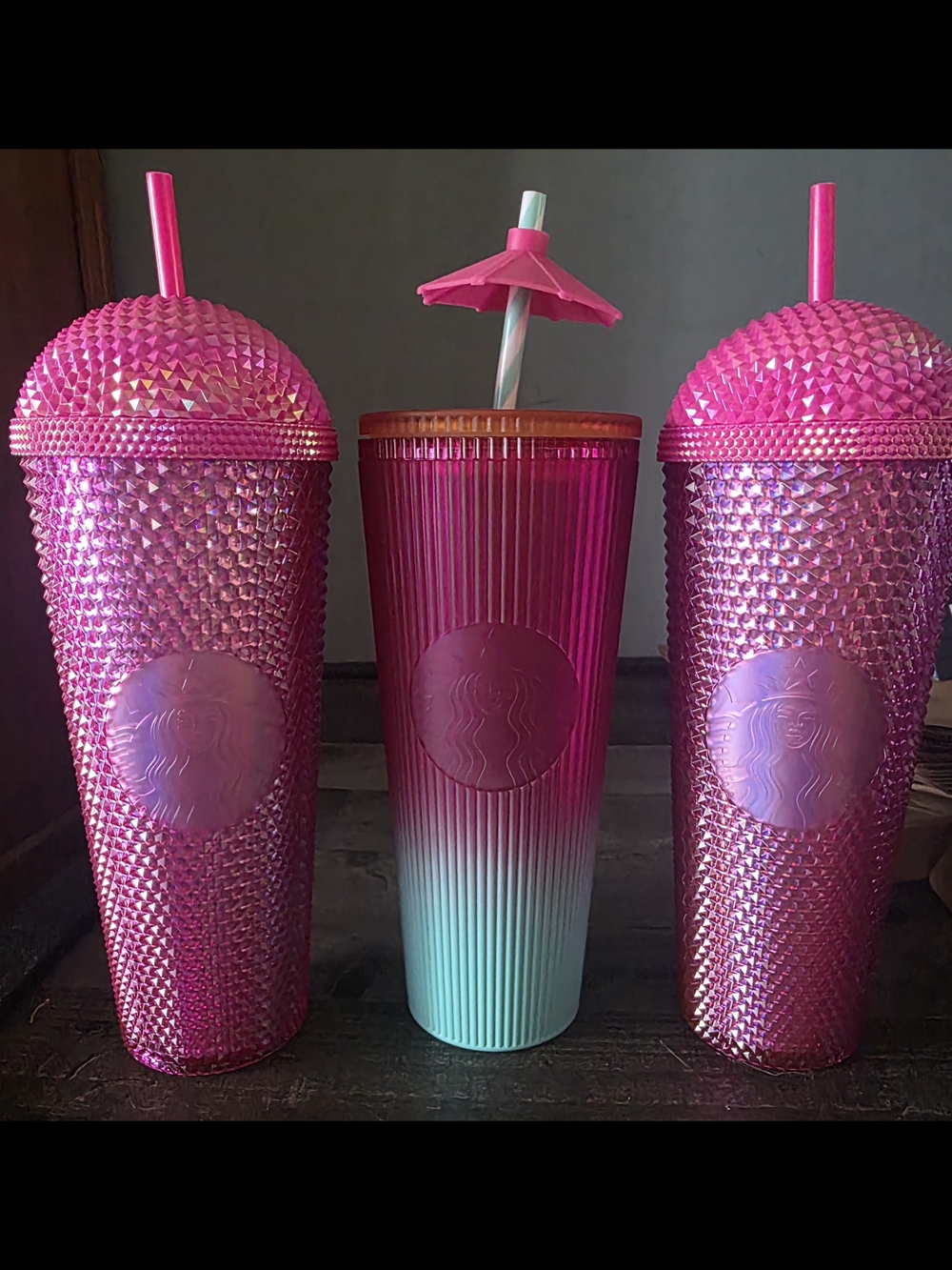 Starbucks Ombre Pink to Teal Cold Cup with Studded Pink Tumbler. See Price Below
